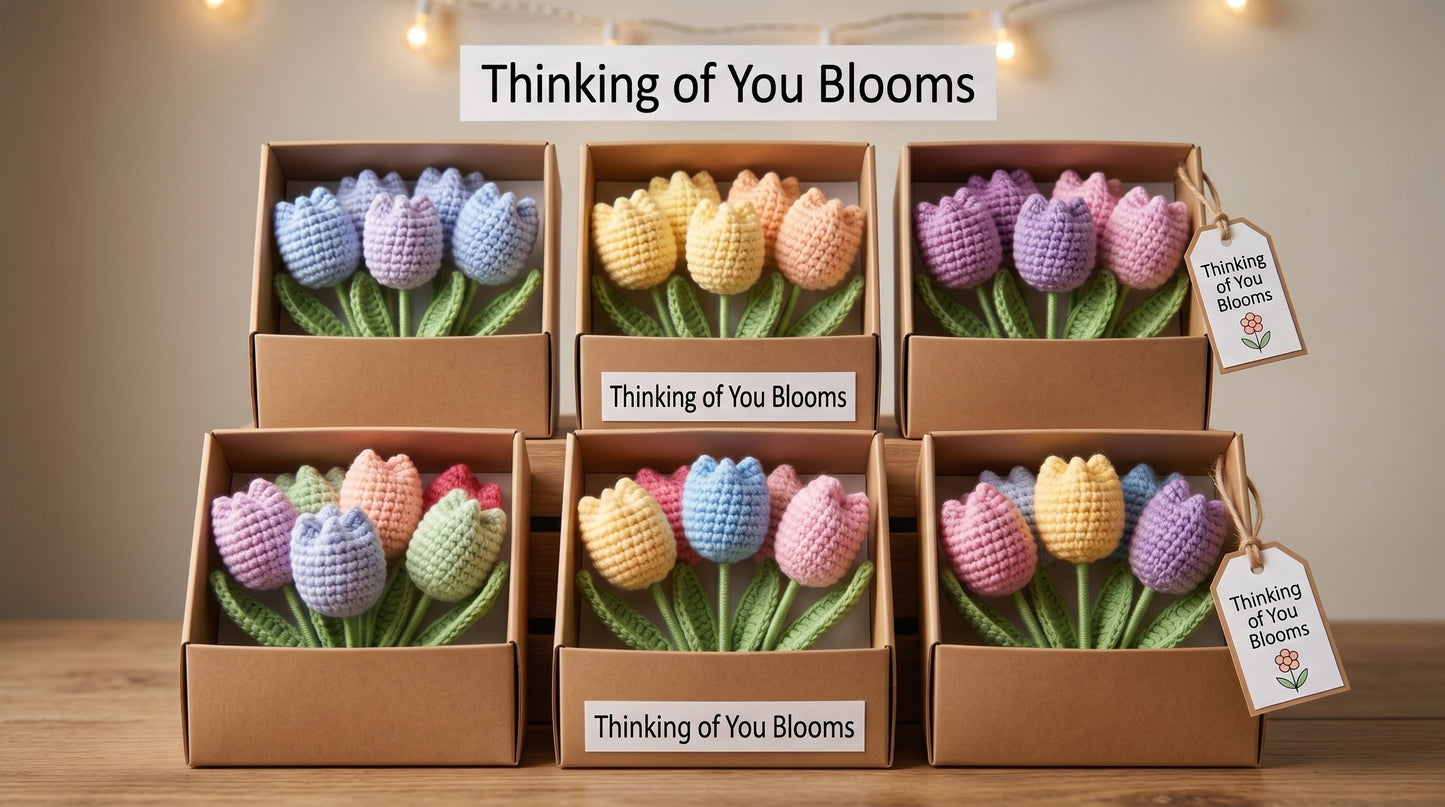Crochet Tulip Gift Box | Handmade Crochet Tulips | 2 Tulips in Gift Box | Forever Flowers