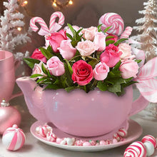 Load image into Gallery viewer, Christmas Pink Teapot Flower Soap Gift Box holiday Floral Gift, Handmade Flower Soap Arrangement, Christmas Gift for Her, Festive Home Décor