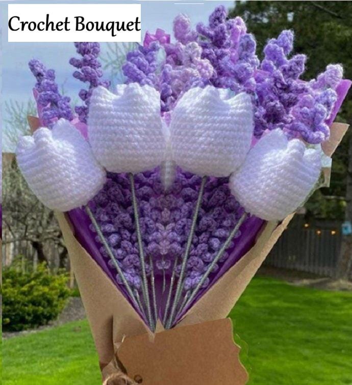 Tulip and lavender Crochet Bouquet, Handcrafted Floral Arrangement for Home Decor
