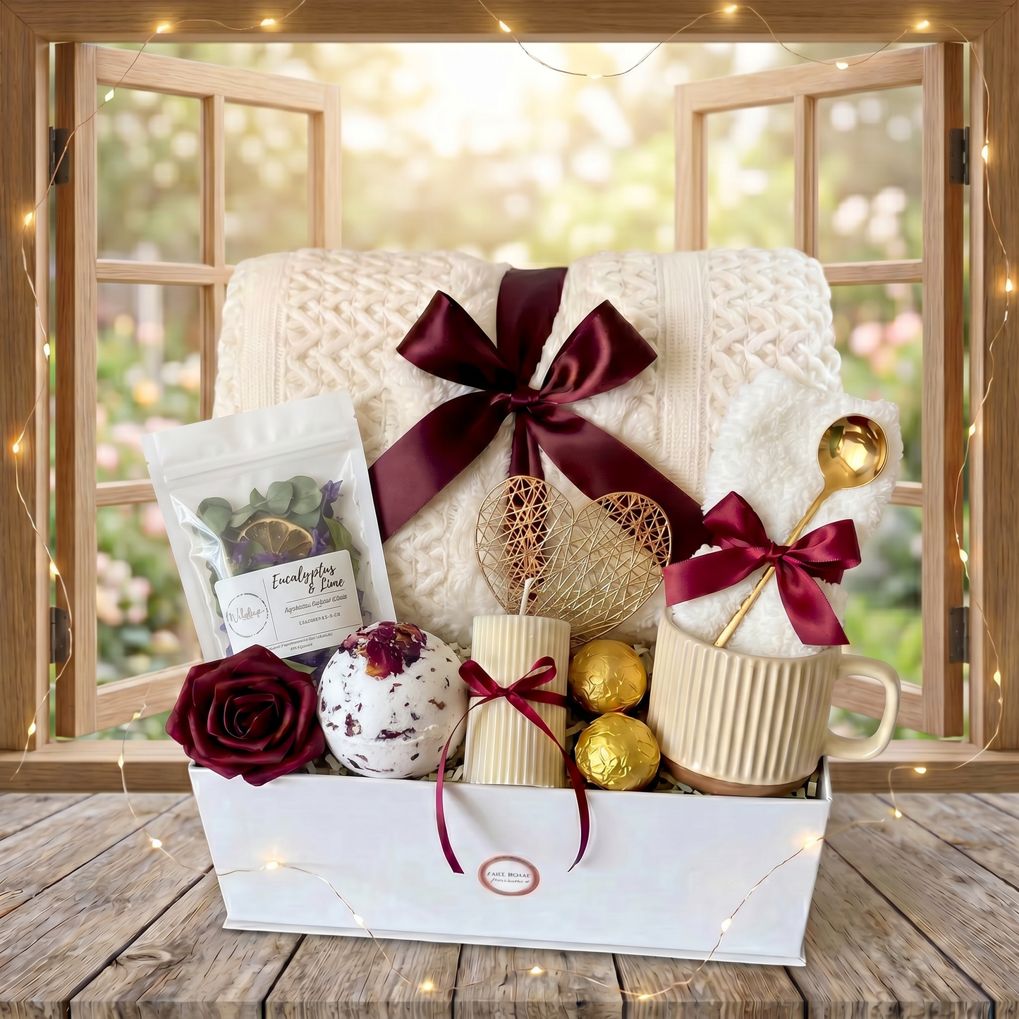 Luxury Spa Self-Care Gift Box –Throw, Bath Bomb & Eucalyptus Set
