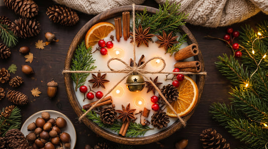 Luxury Christmas dough bowl candle with soy wax, dried oranges, cinnamon sticks, pinecones, evergreen branches, festive berries, and holiday décor