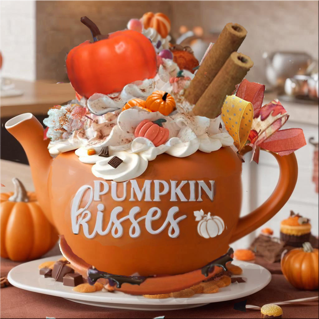 A festive, orange teapot-shaped cake with "Pumpkin Kisses" written on it, topped with whipped cream, candy pumpkins, and cinnamon sticks. The background features autumn decorations like pumpkins and leaves.