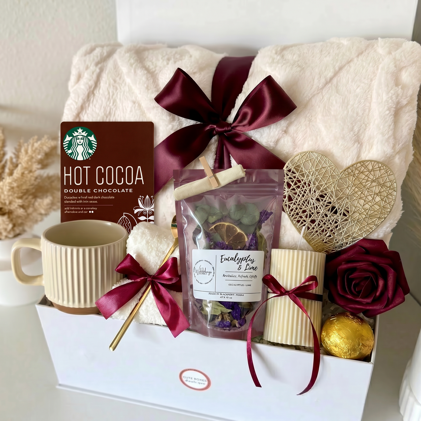Luxury Spa Self-Care Gift Box –Throw, Bath Bomb & Eucalyptus Set