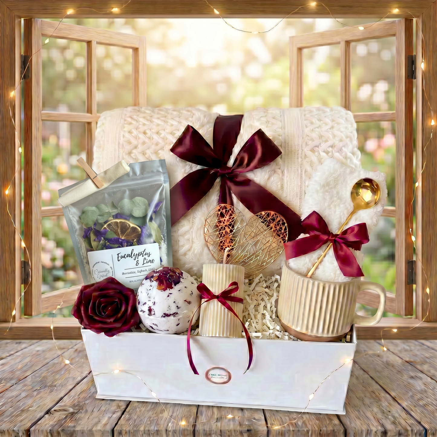 Luxury Spa Self-Care Gift Box –Throw, Bath Bomb & Eucalyptus Set