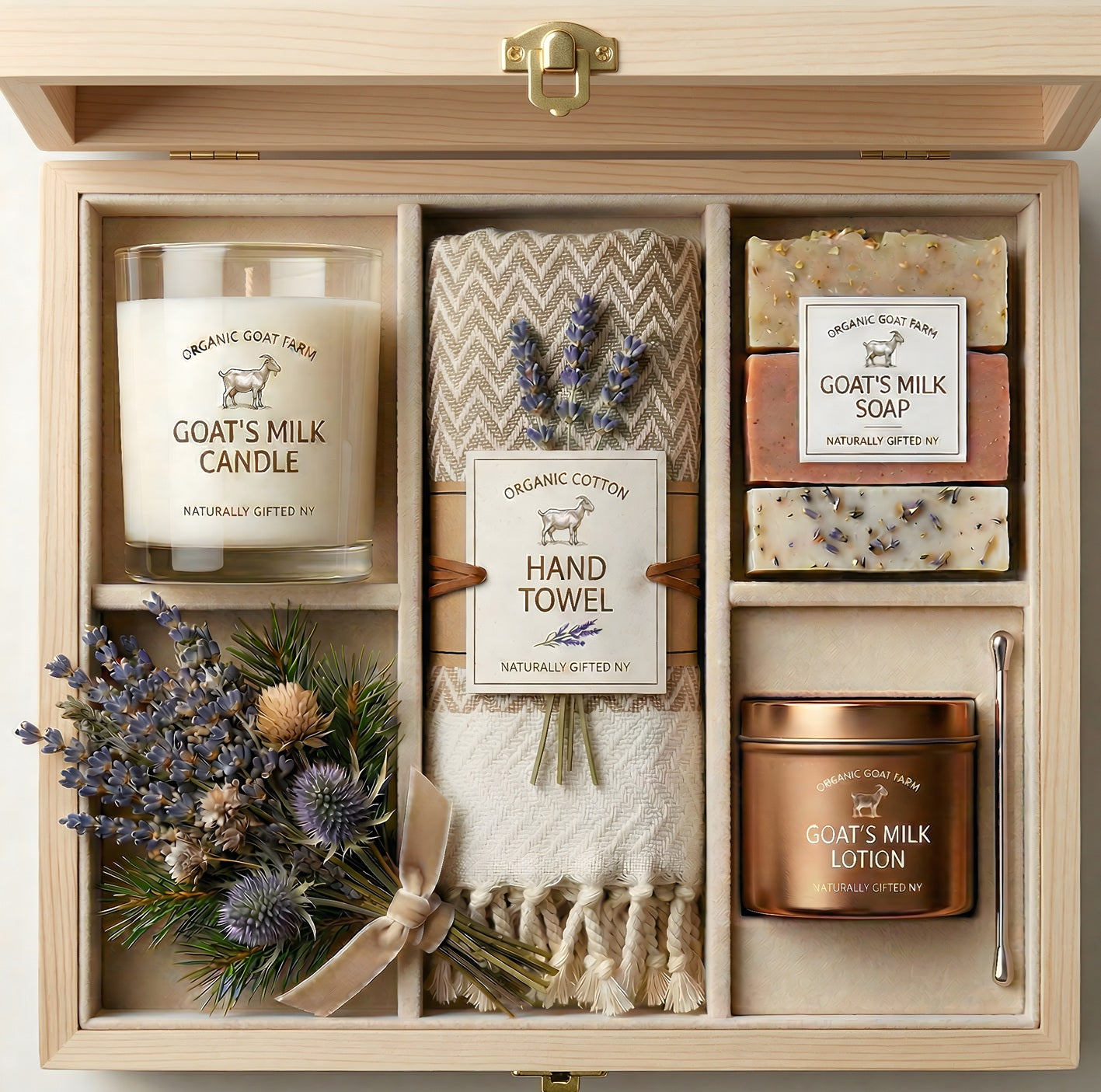 Luxury Organic Goat’s Milk Spa Gift Box – Wooden Keepsake Set with Soap, Candle, Shea Butter Lotion & 100% Cotton Hand Towel