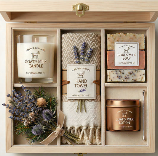 Luxury Organic Goat’s Milk Spa Gift Box – Wooden Keepsake Set with Soap, Candle, Shea Butter Lotion & 100% Cotton Hand Towel