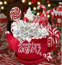 Load image into Gallery viewer, alt= A red mug filled with whipped cream, candy canes, lollipops, and red sprinkles. The mug displays the text &quot;candy cane wishes.
