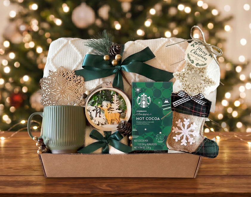 Luxury Christmas Comfort Gift Box | Cozy Holiday Gift Basket with Blanket, Mug & Hot Cocoa | Christmas Gift for Her