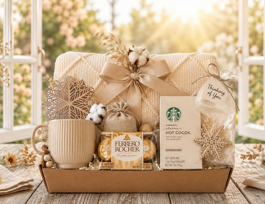 Luxury Cozy Self-Care Gift Box – Knit Blanket, Mug & Gourmet Set