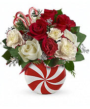 Load image into Gallery viewer, Christmas Peppermint Vase | Red White Soap Flowers | Candy Cane Decor | Holiday Centerpiece | Xmas Table Decor | Winter Wedding
