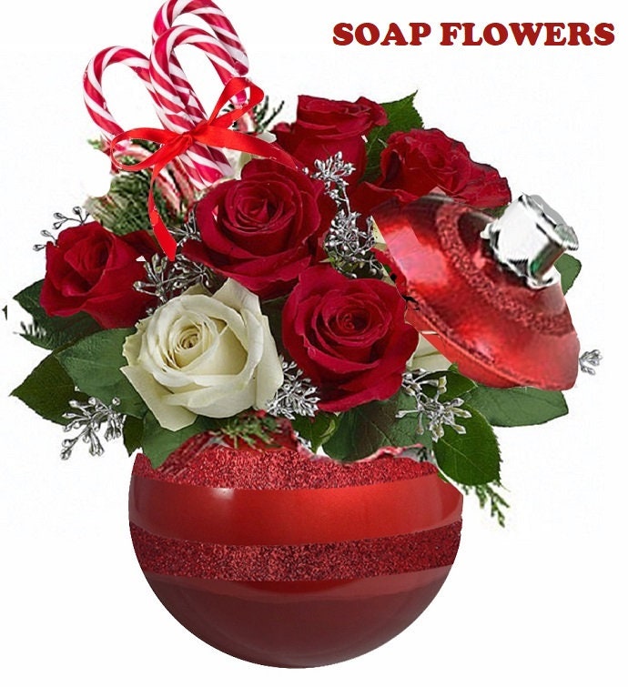 Luxury Handmade Floral Gifts, Christmas Red Ornament Soap Flowers - Holiday Gift  - Gift for Her - Stocking