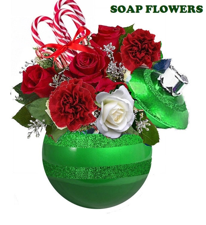 Christmas Green Ornament Soap Flowers Gift Set - Handcrafted Scented Bath Petals, Holiday Gift Idea, Romantic Bathing Experience