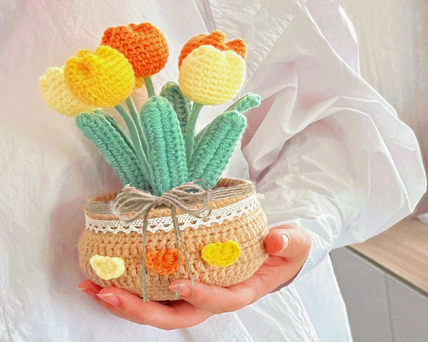 Crochet Flower in Pot, Tulip, Sunflower, Rose, Daisy, Handmade Pot, Mother's Day Gift, Birthday Present, Knitted Flower, Gift for Her