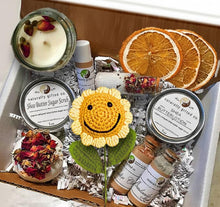 Load image into Gallery viewer, Viral Spa Gift Set | Crochet Sunflower Pot | Shea Butter Scrub Lotion | Bath Bomb Clay Mask | Self Care Package | TikTok Trending
