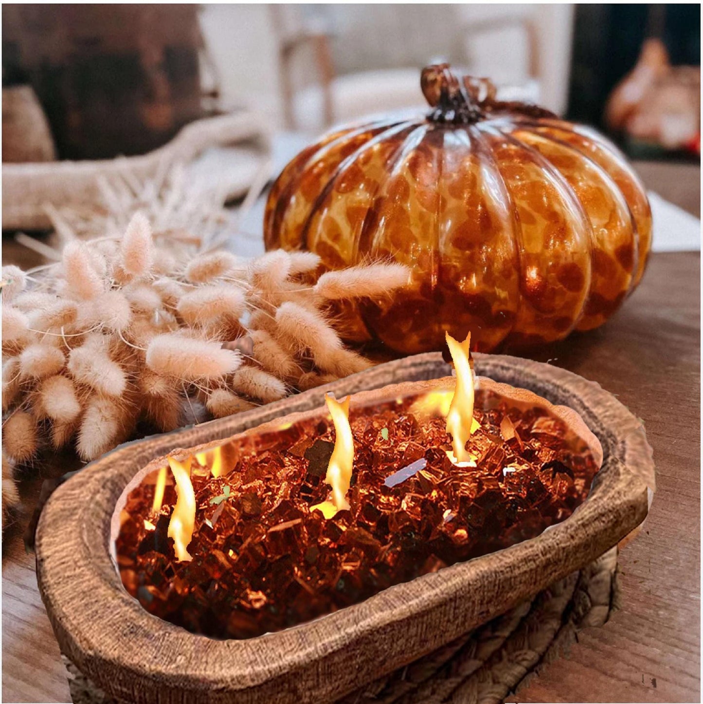 Fire Glass Dough Bowl Candle | Hand-Poured Soy Wax Candle | Rustic Wood Bowl Candle | Handmade Home Décor | Firepit Glass Candle Centerpiece
