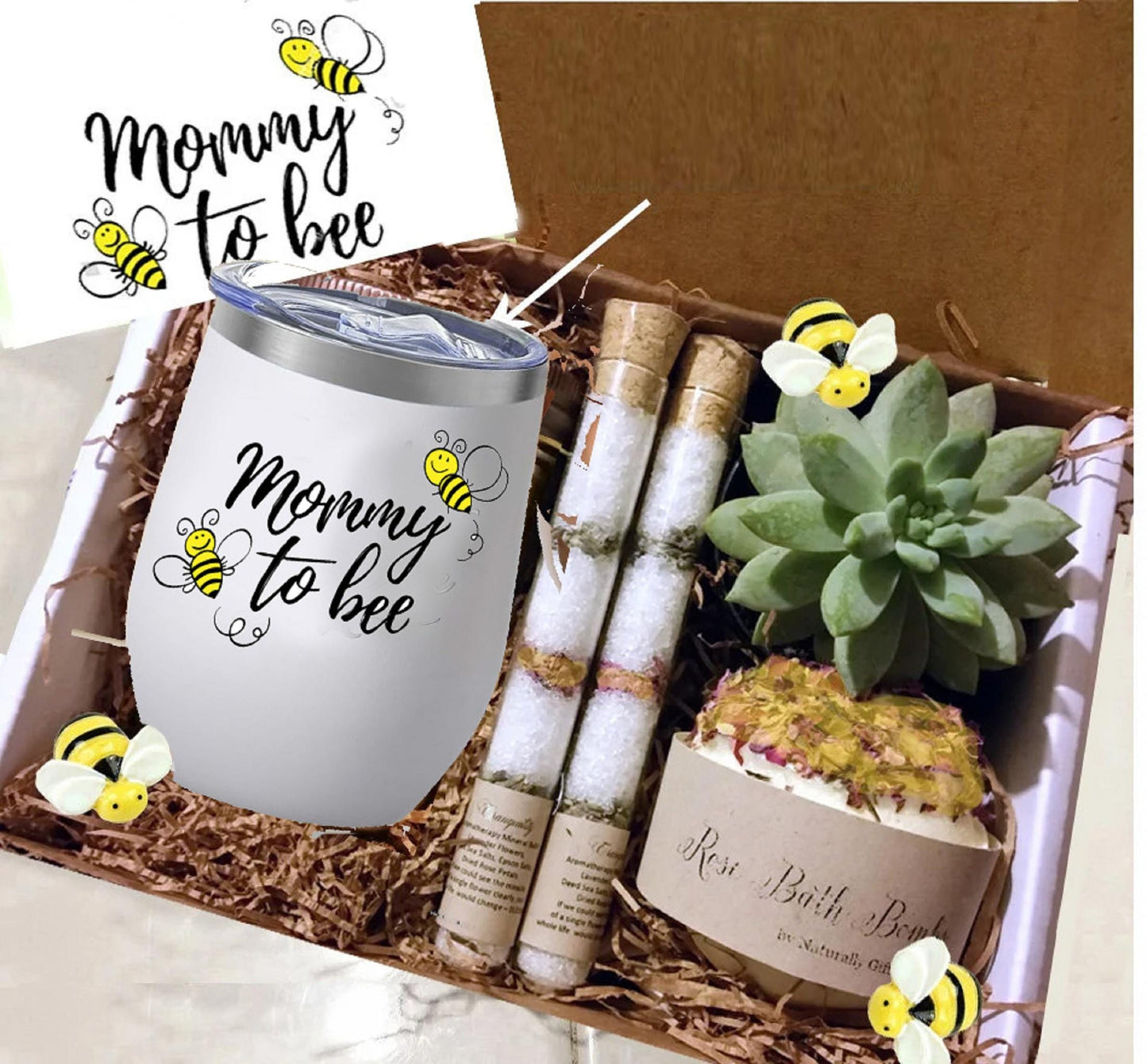 Mother to Be Gift Box, Mommy to Bee Candle, Succulent and Bath Bomb Set