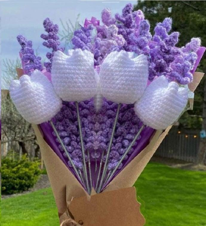 Tulip and lavender Crochet Bouquet, Handcrafted Floral Arrangement for Home Decor