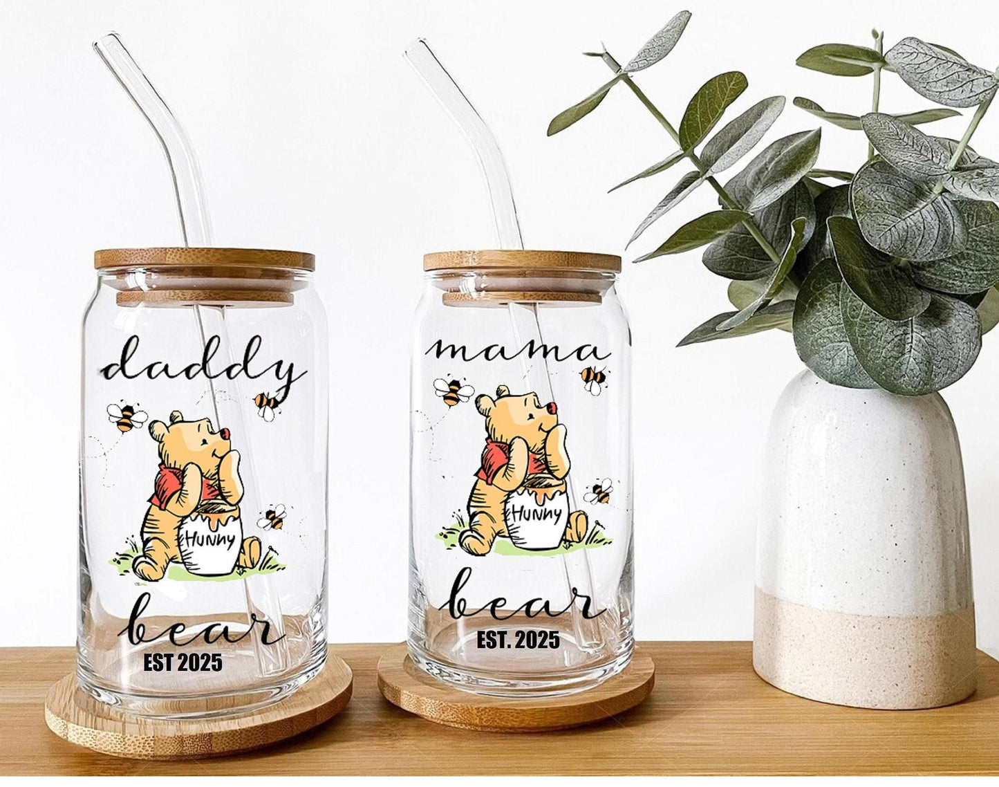 Winnie Pooh Tumbler, Personalized Glass for Mama & Daddy Bear