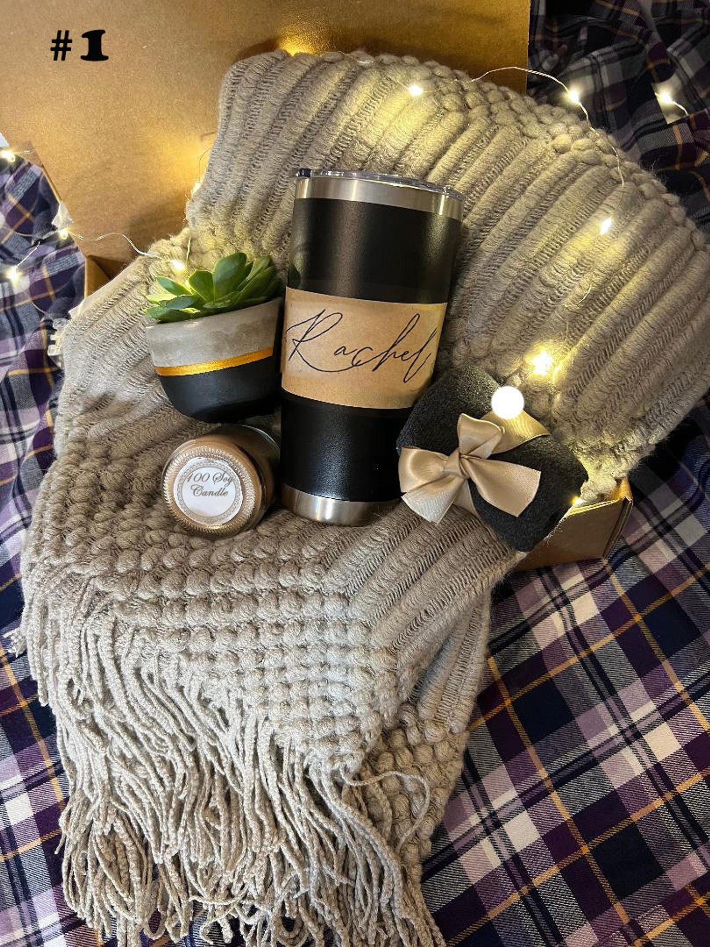 Hygge Gift Box with Cozy Blanket, Candle, and Live Succulent