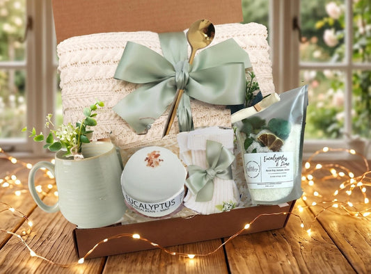 Spa Gift Box with Cozy Knit Blanket, Eucalyptus Candle & Bath Soak
