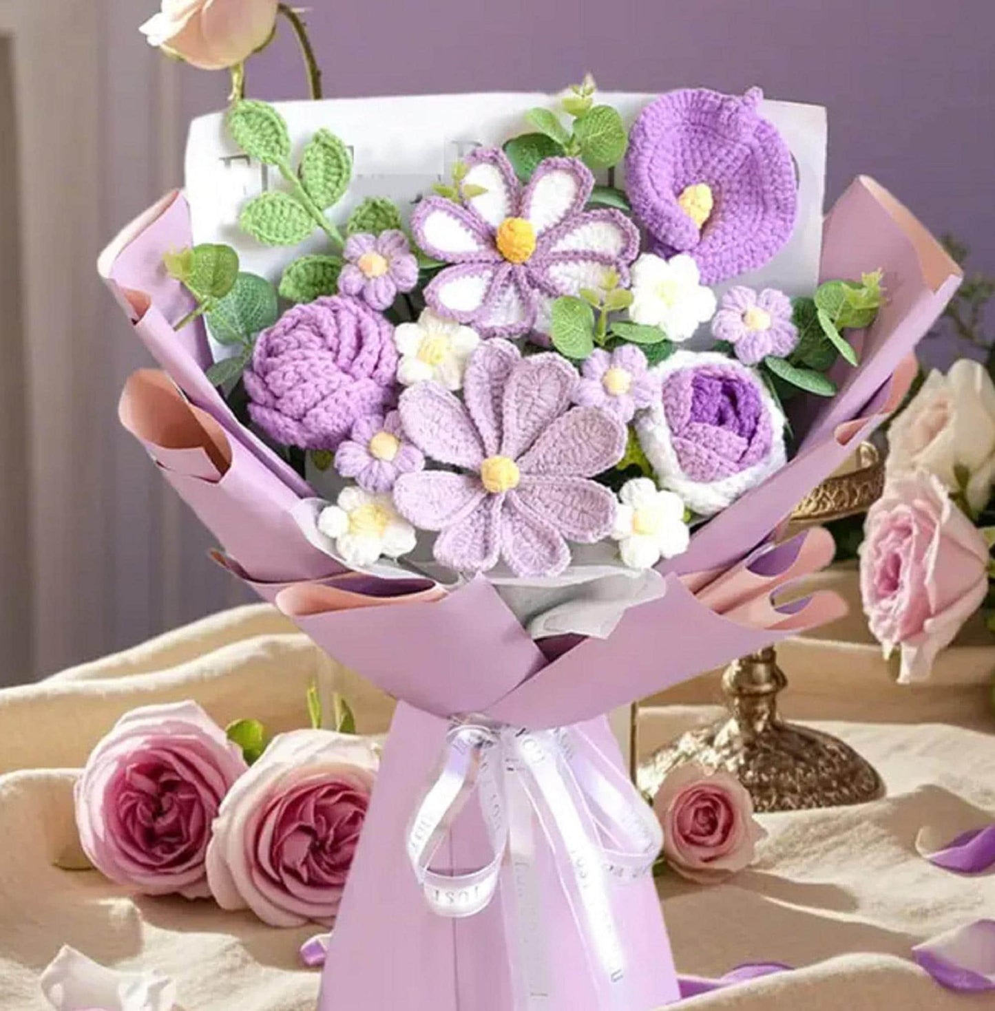 Crochet Bouquet, Plush Floral Arrangement in Pink and Purple