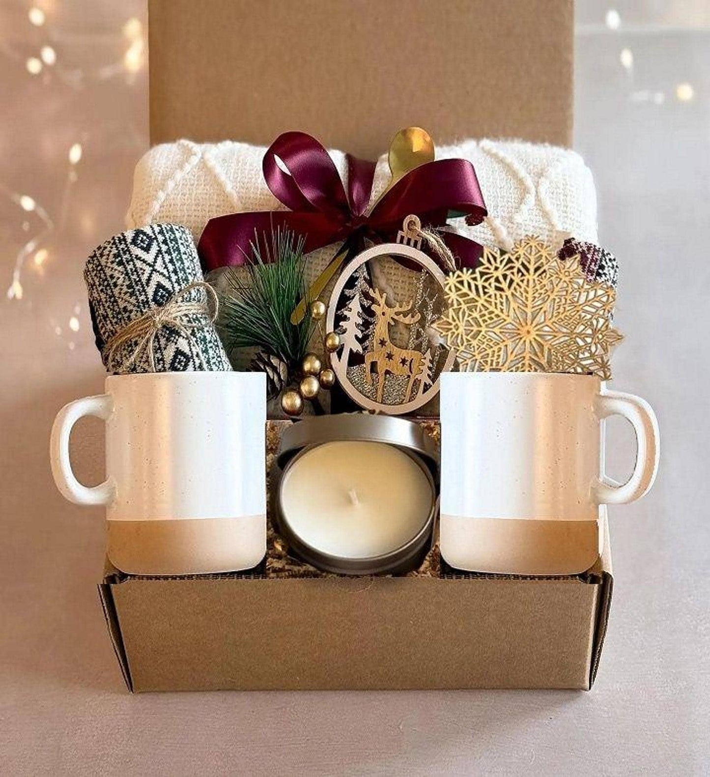 Cozy Gift Box with Blanket, Live Succulent and Candle for Home Comfort