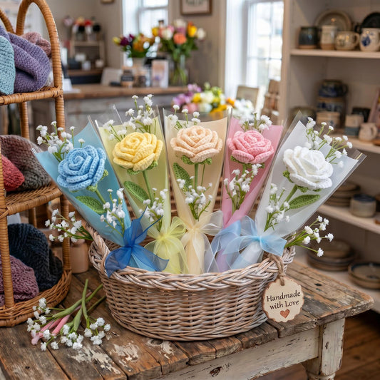 Colorful Crochet Rose Bouquet, Forever Flowers in Luxury Gift Wrap, coworker gift